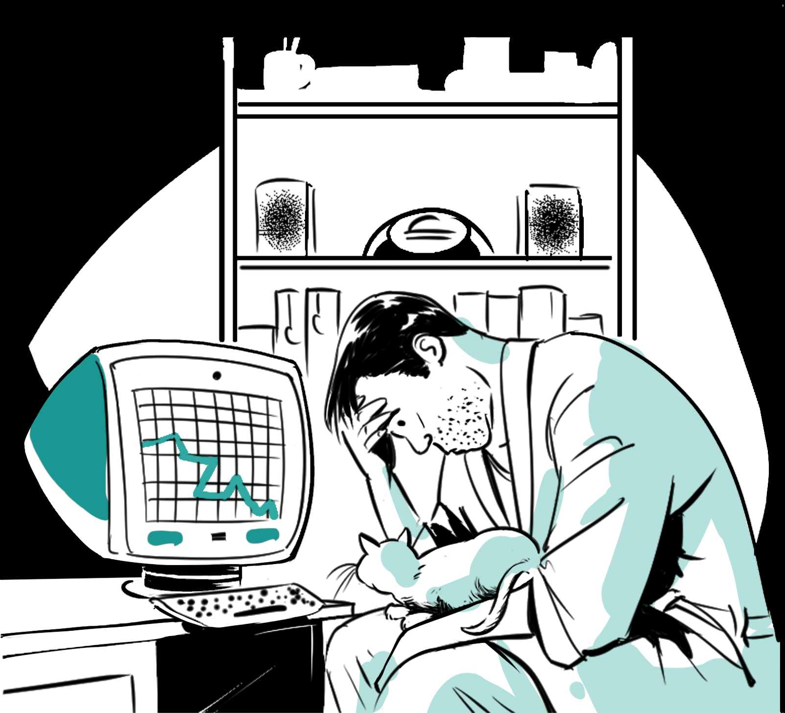 An investor, head in hands, watching the value of his portfolio plummet on his computer screen.