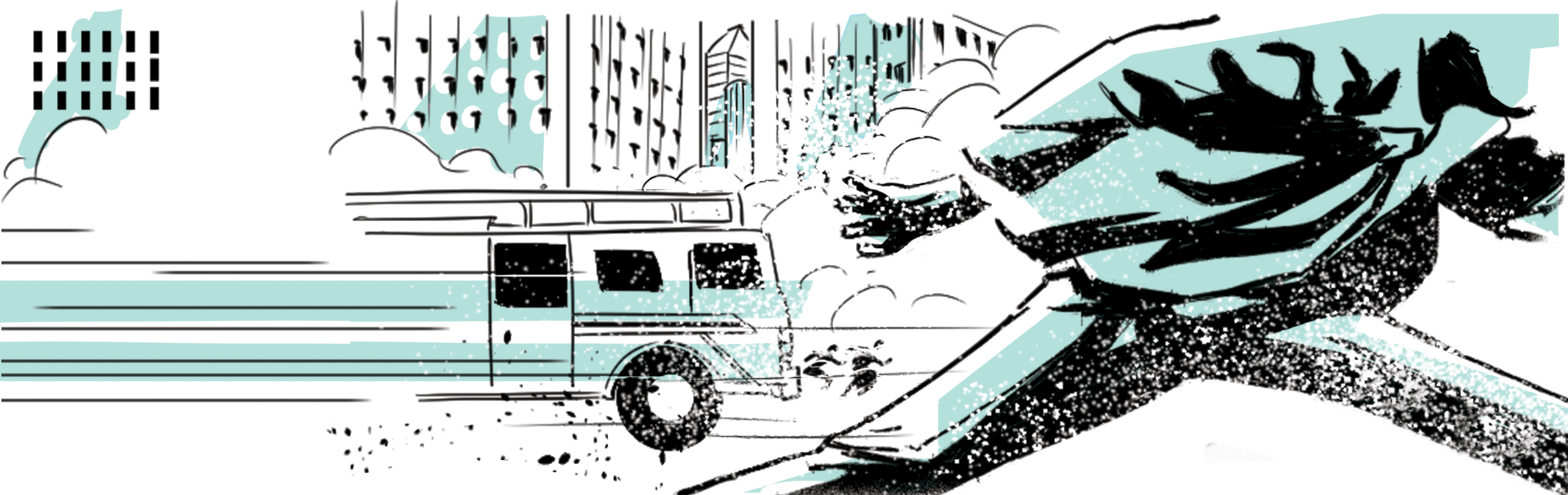 A figure running down the the street with a speeding fire truck in the background.