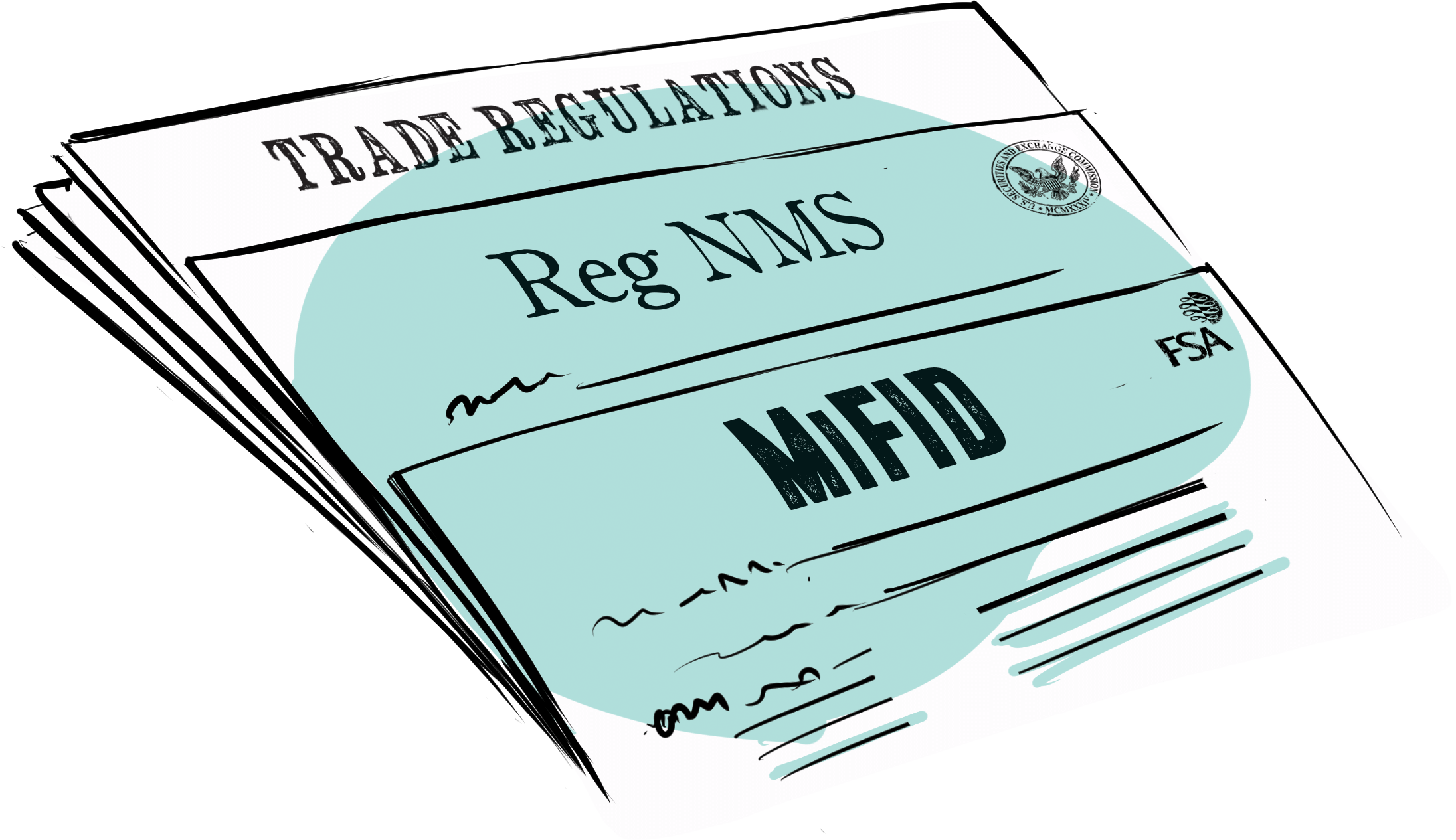 Newspaper headlines announcing regulation NMS, MiFID, and Instinet's acquisition of rivaal ECN, Island.