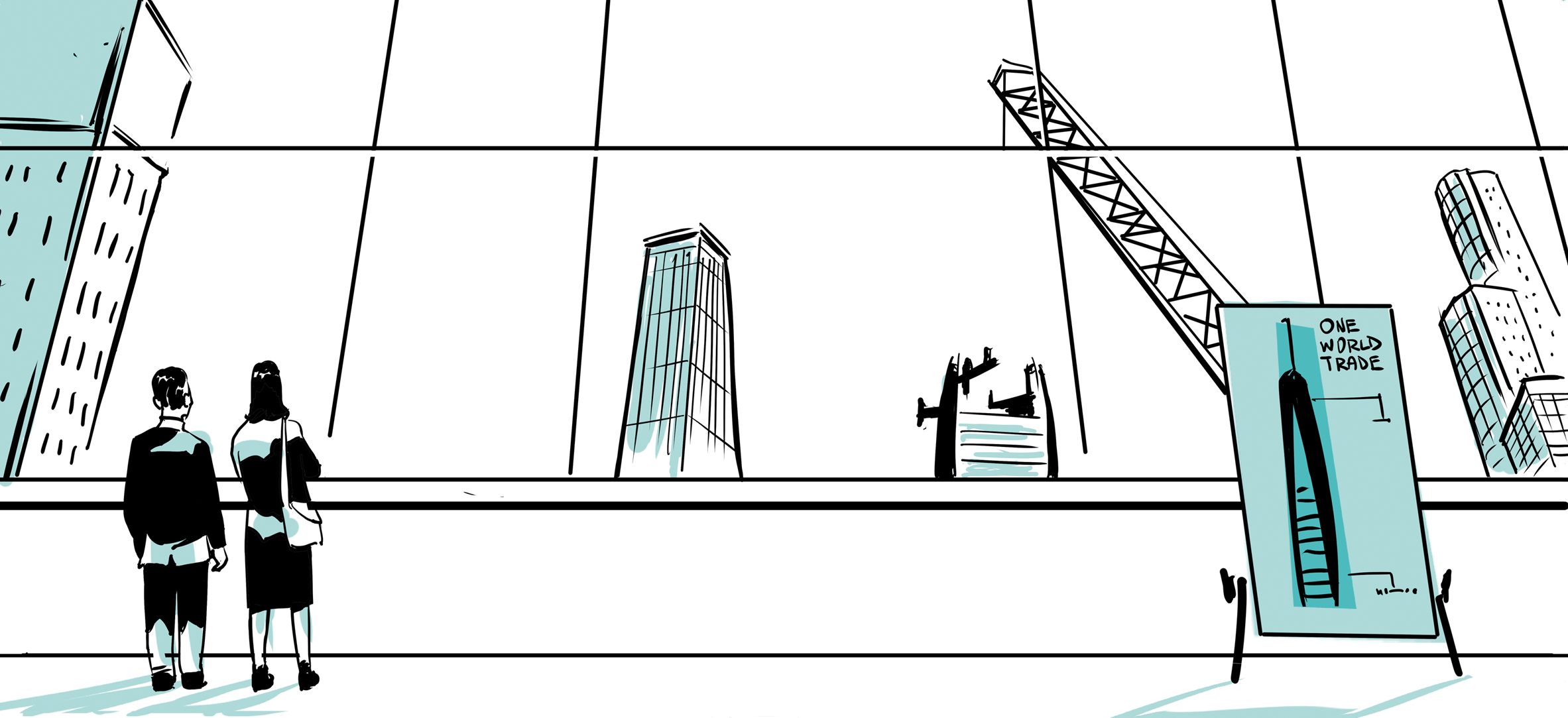 Two figures watching the construction of the new World Trade Center tower; one says: It's going to be 1776 feet tall. That's so cool. The other responds: It's going to be a message to the world.