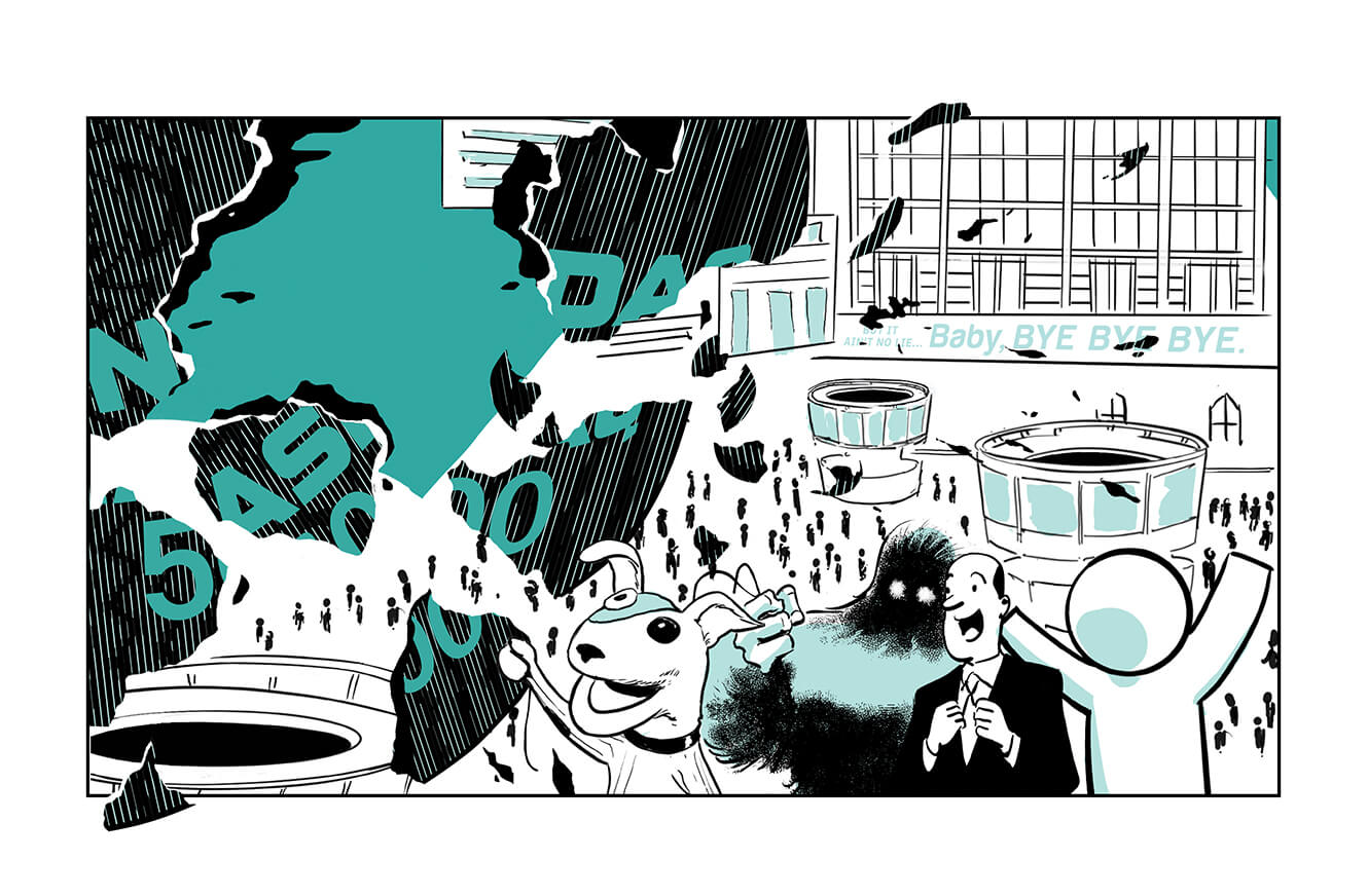 A fanciful scene of a stock exchange floor with characters representing famous failed dot-com companies, including the pets dot-com socket who holds a needle to a giant balloom printed with text: NASDAQ 5000.