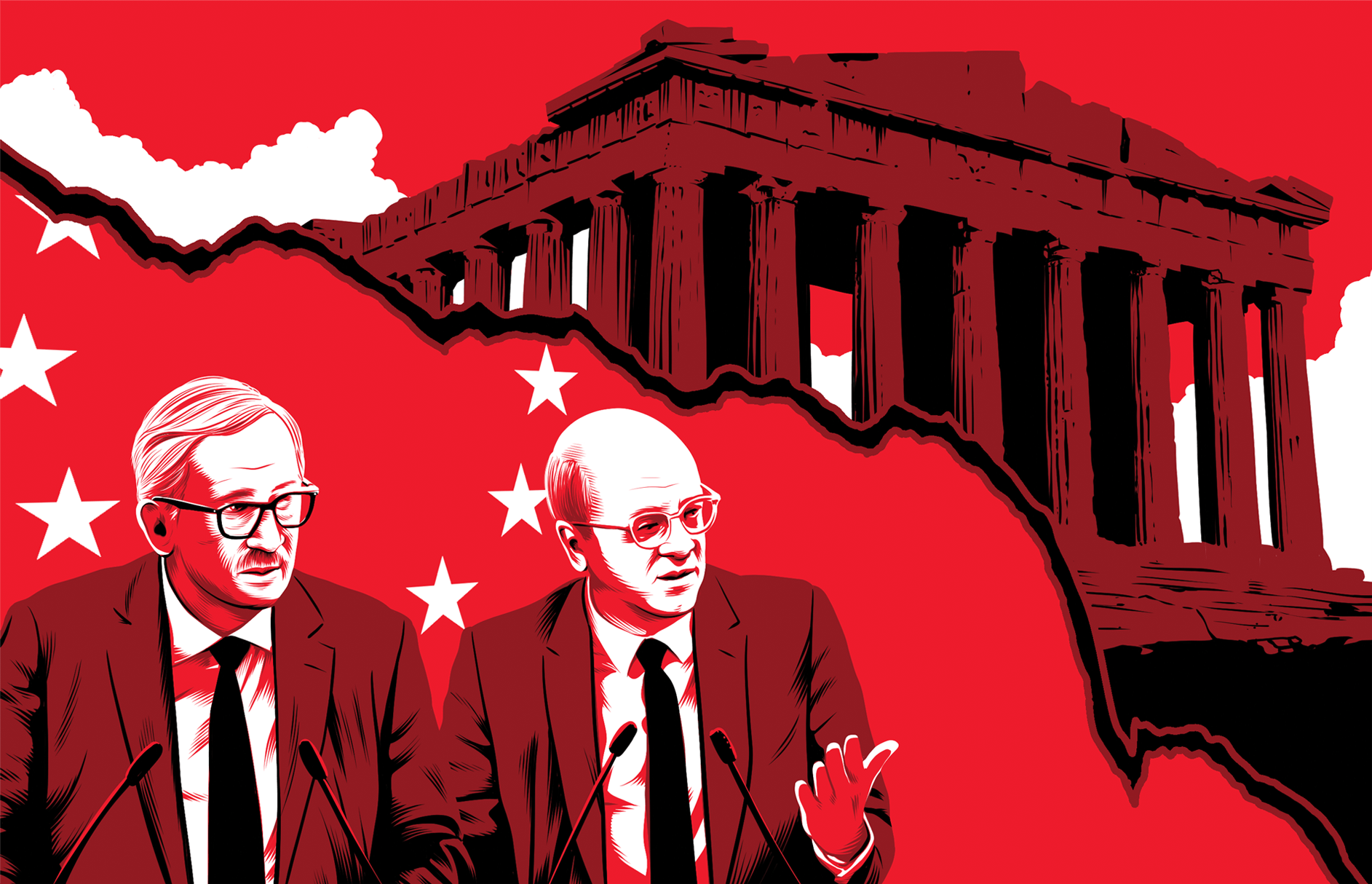 Two European Union officials at a finance meeting juxtaposed against an image of the Parthenon. The first says: We agree that the current market turmoil highlights the need to make rapid progress on financial markets regulation and supervision. The second adds: We must reaffirm our commitment to ensuring the stability and integrity of the European markets.