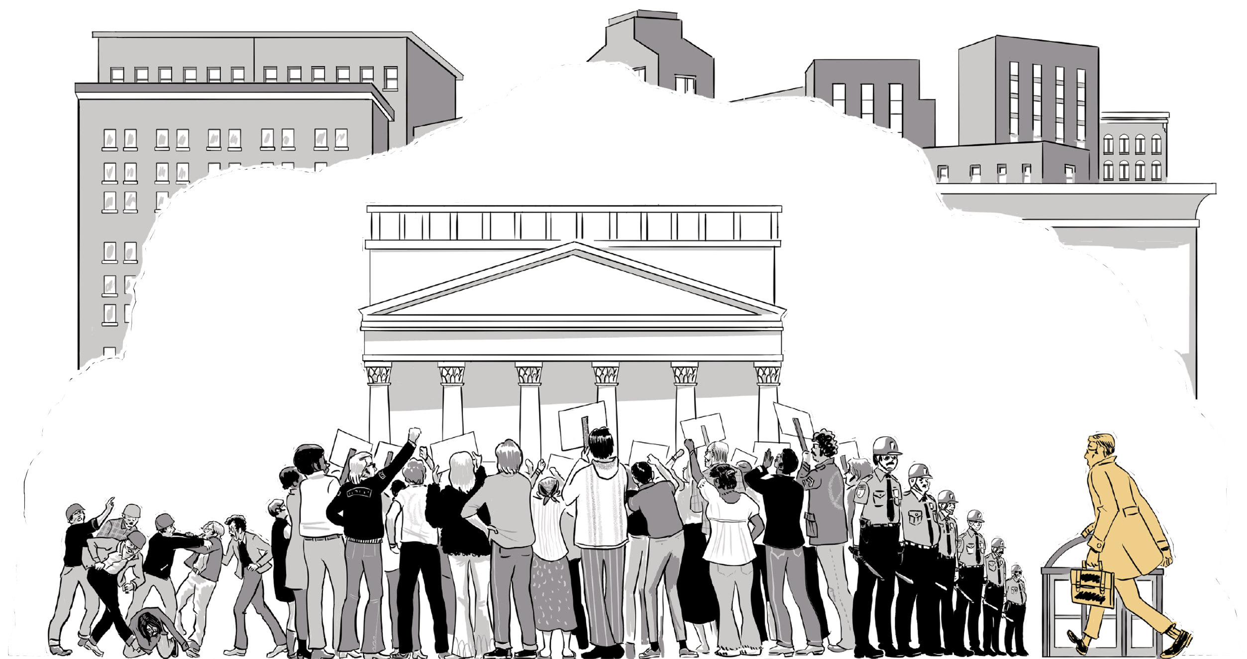 A figure walks in front of large crowd of protesters outside the New York Stock Exchange.