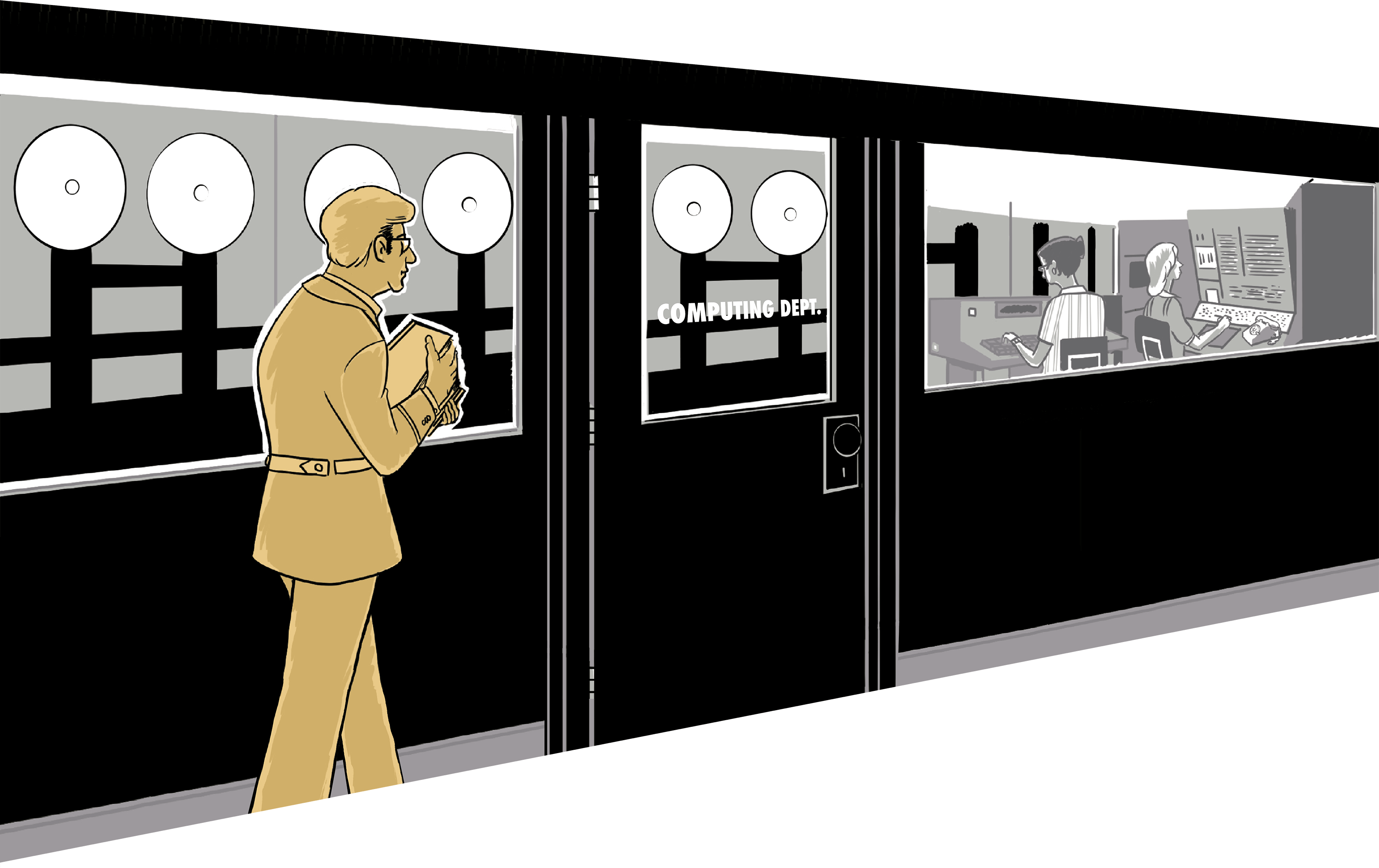 The same figure walks past a computing department room with old fashioned mainframe computers with spinning reels of tape.