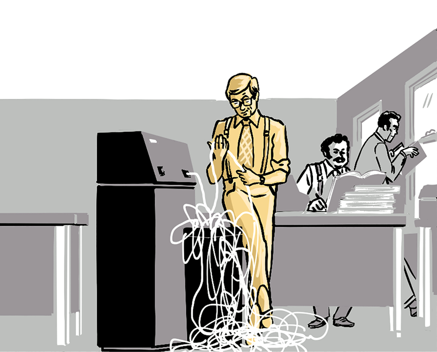 Jerome inspects the ticker tape, saying: Waiting for stock prices on the paper ticker is such as waste of time.
