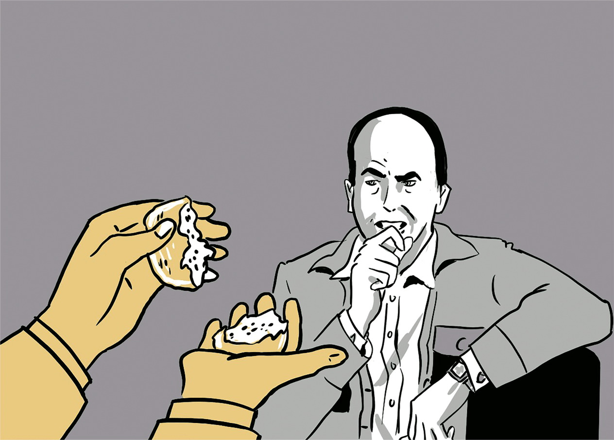 He hands Herbert a piece of bread roll and says: What if investors could share information on which stocks they wanted to buy or sell. On a computer network.