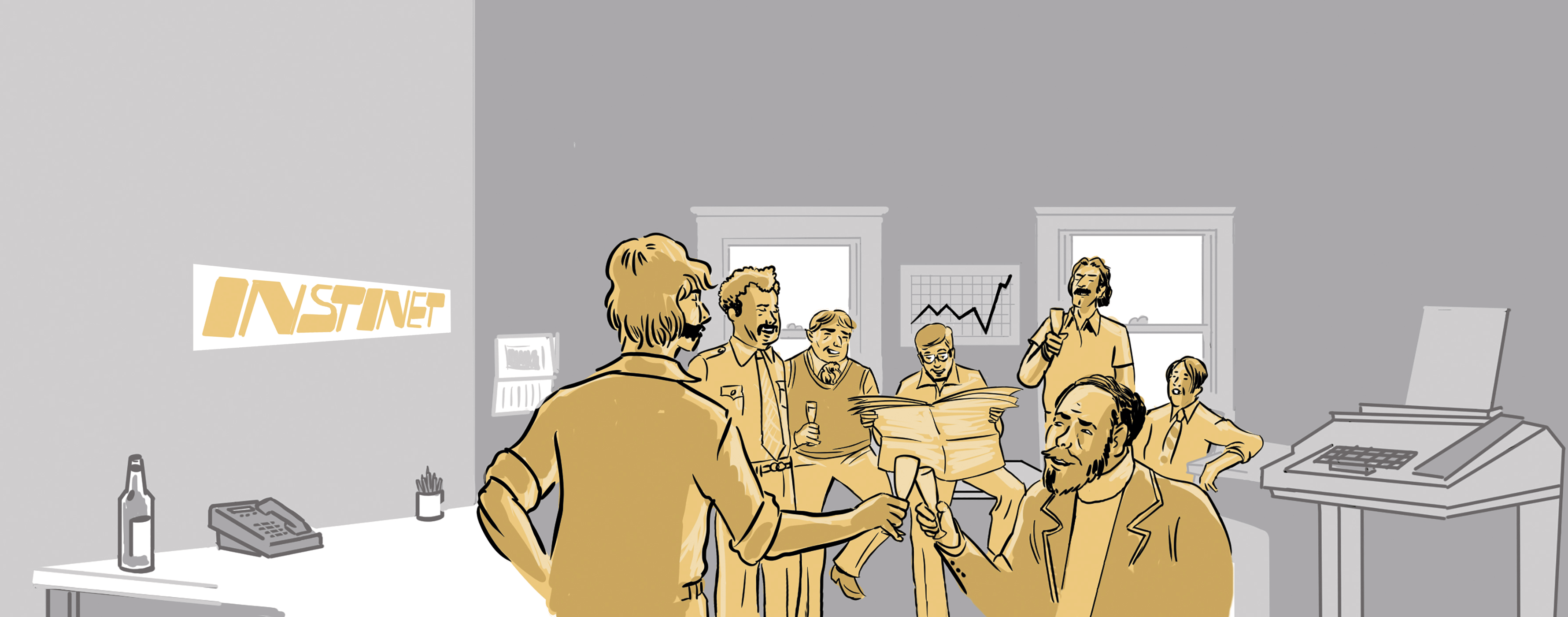 The founders and first employees of Institutional Networks celebrate in their new offices.