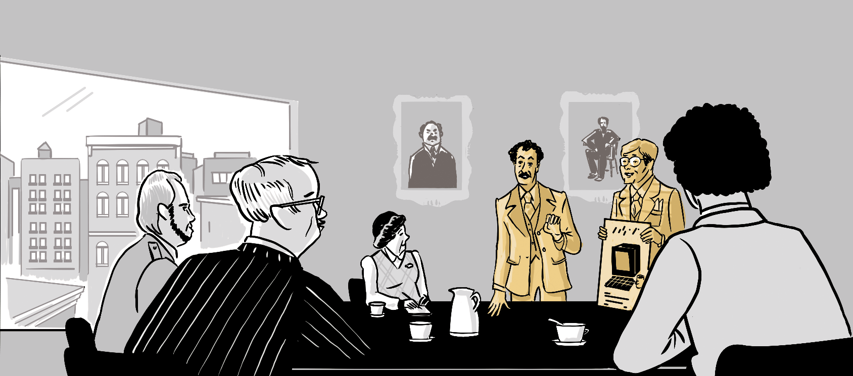 Jerome presents to businessmen around a conference table. He says: Our system offers investors an alternative to the single stock exchange. It’s the future of stock trading. A terminal in every office. Even on every desk!