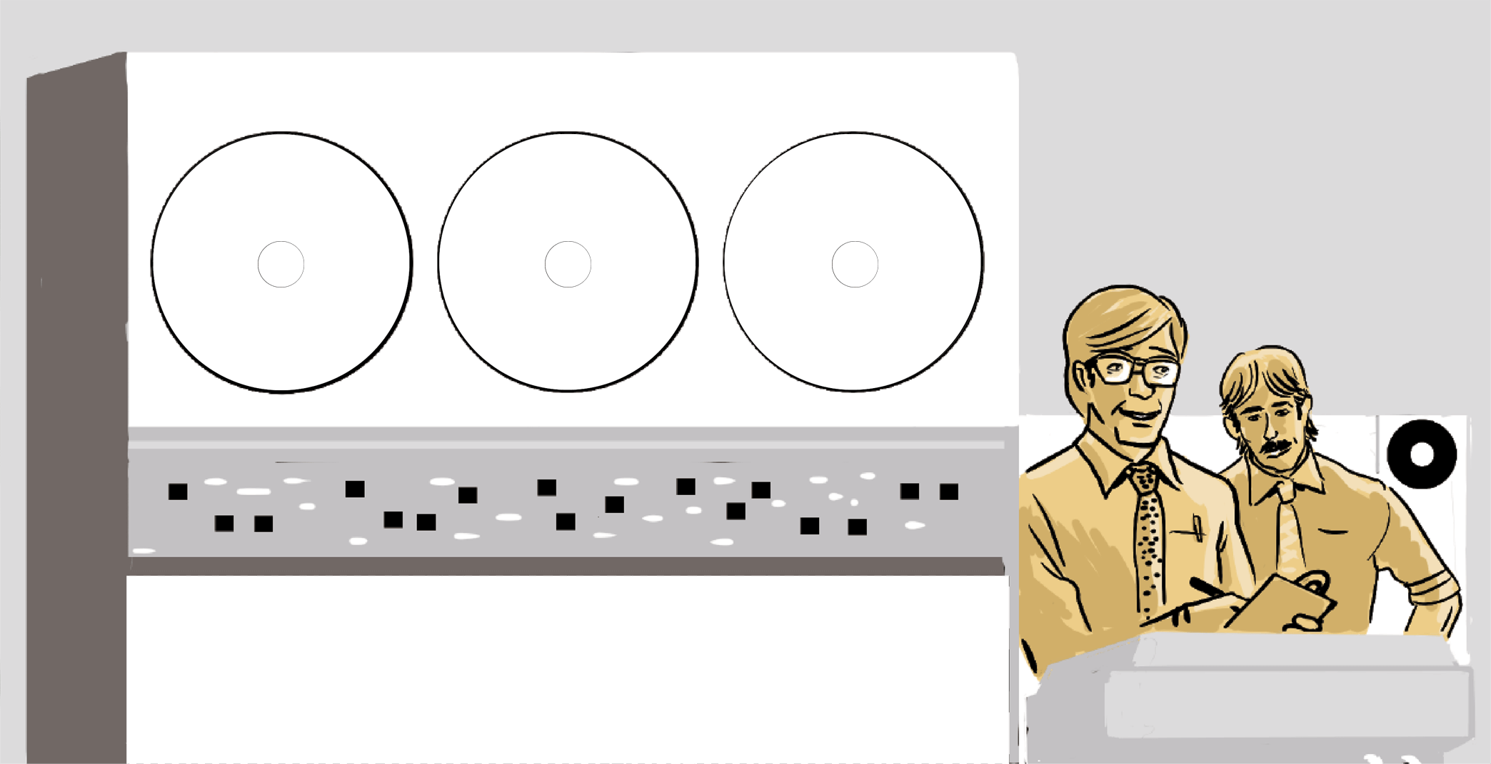 Jerome stands beside a mainframe computer, and speaks to a colleague: We’re hardwired to 100 clients, with 200 Green Screens installed. Revenues have tripled in the last few years. Don’t forget, we’re just getting started.