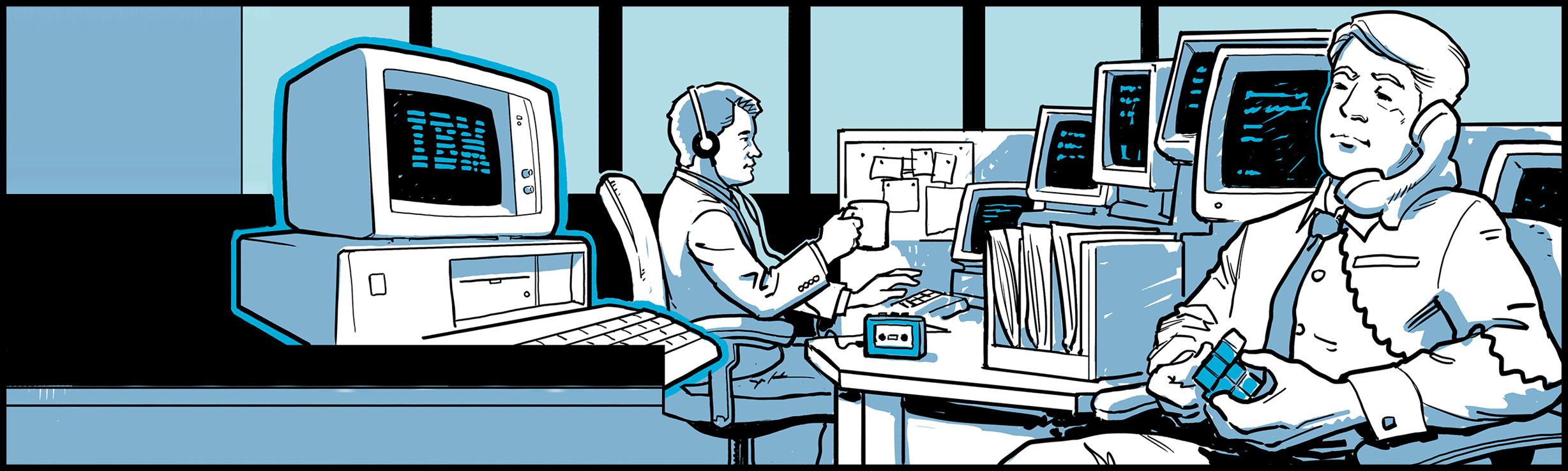 Two traders sit at desks with old-style computer terminals and stacks of paper. One plays with a Rubic's cube.