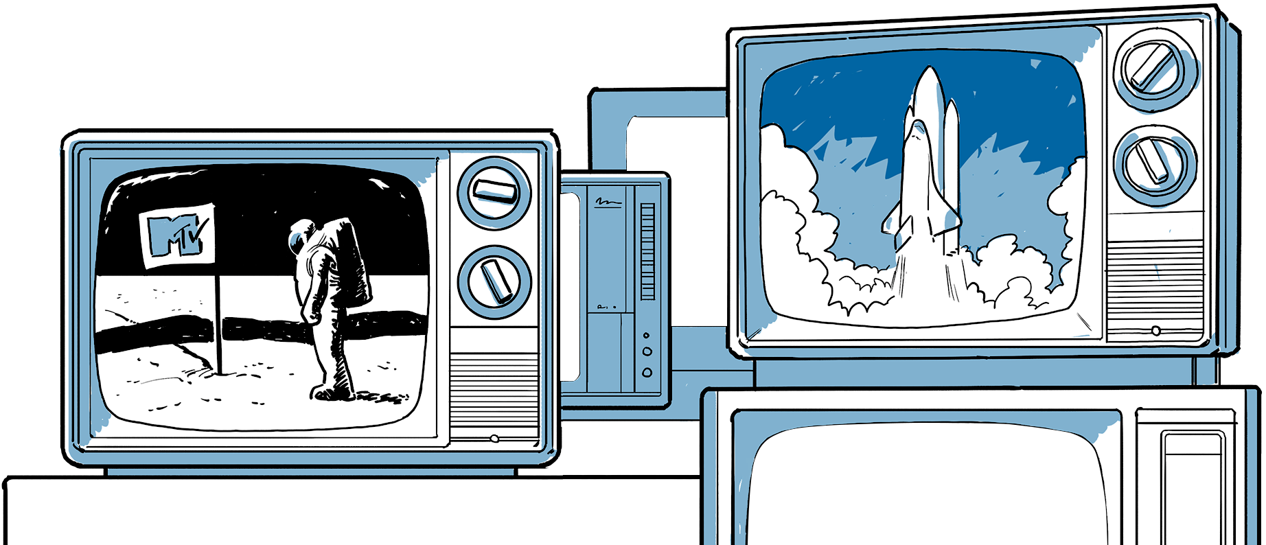Images of the early MTV and a space shuttle launch on old tube televisons.