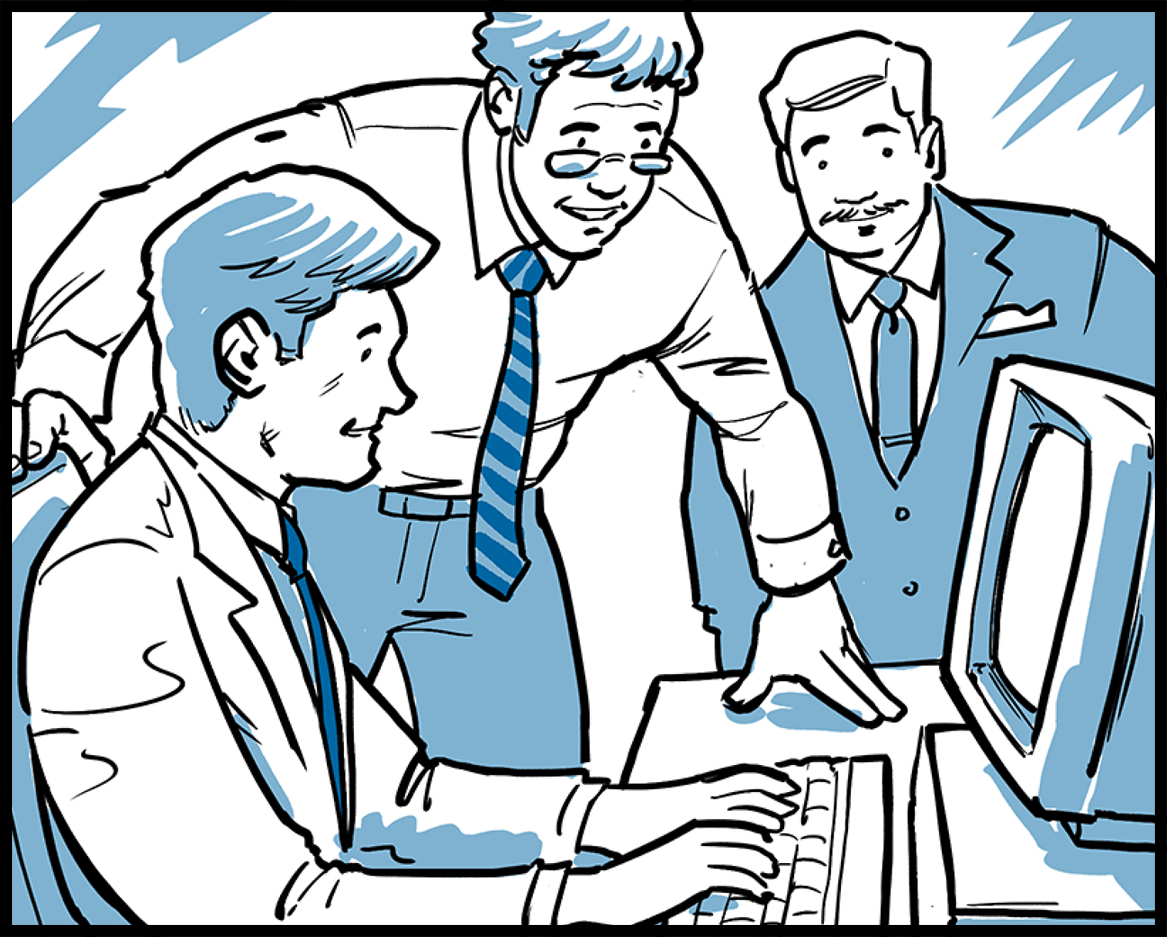 Instinet employees training customers on the Instinet electronic trading system.