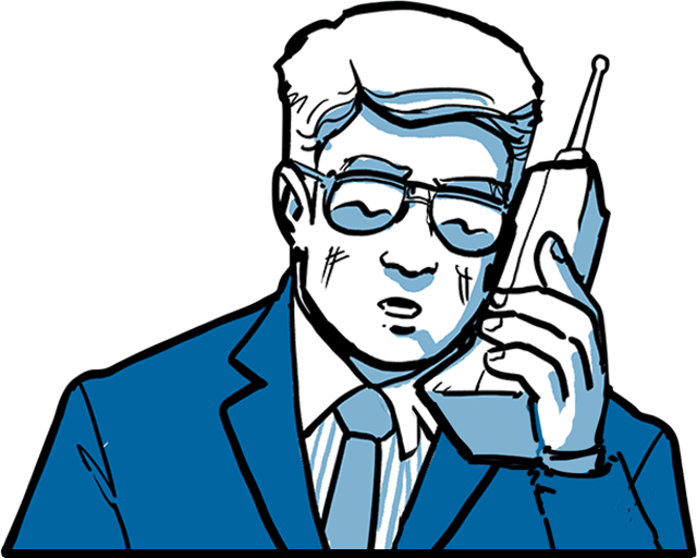 A man on an early mobile phone next to four clocks reading the time in New York, London, Zurich, and Tokyo.
