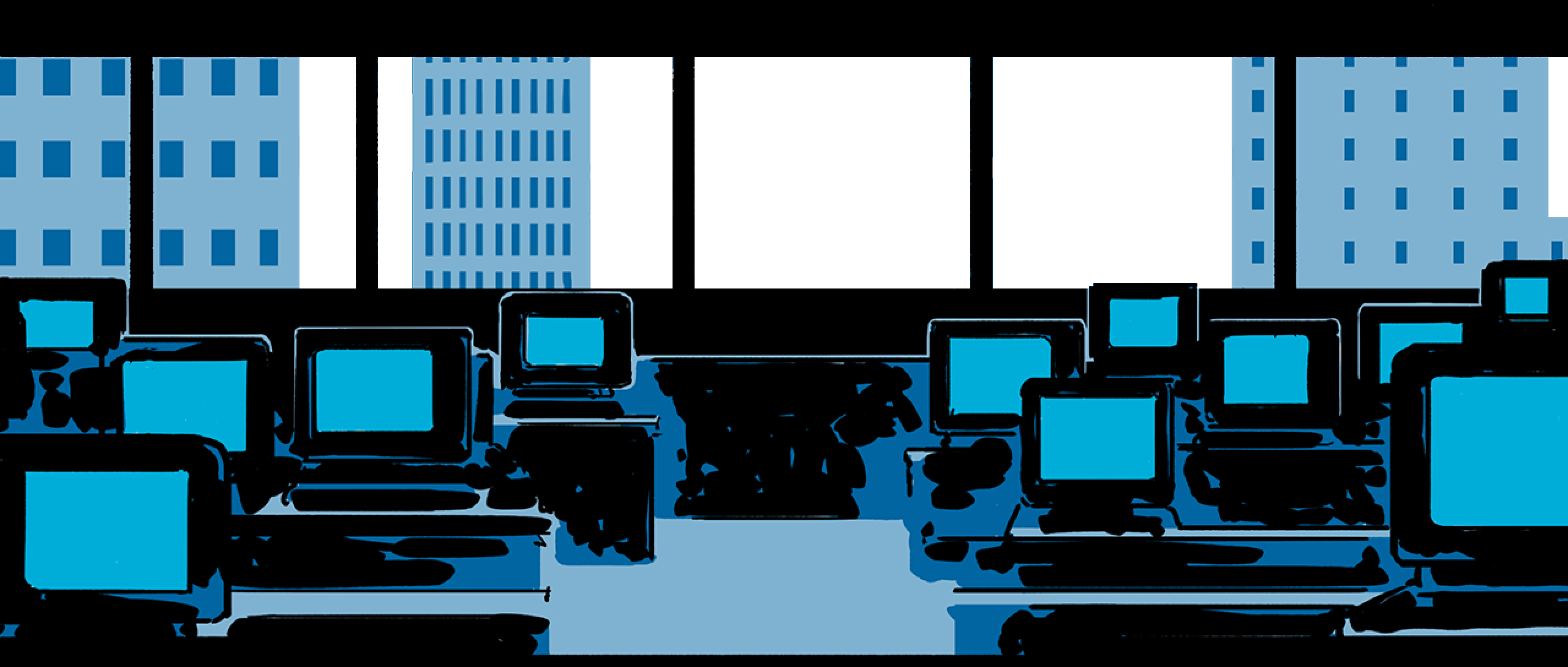 Computer monitors burn blue in a office at night. Outside, we see a scene of skyscrapers framed by clouds and a full moon.