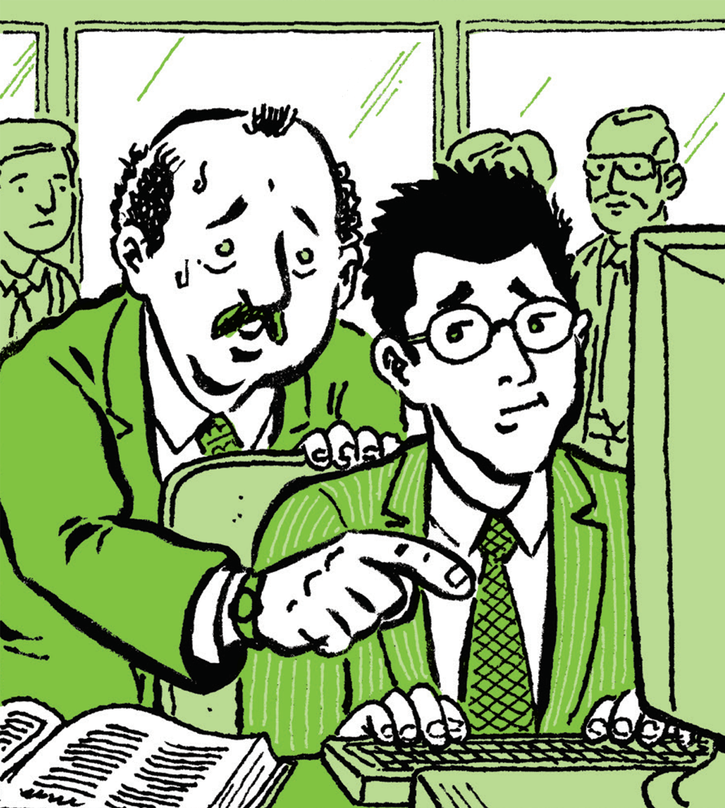 Jason sits at a computers monitor. His supervisor says, nervously: This is how we submit the orders. Listen, you have to be really careful. Errors can cost us a lot of money.