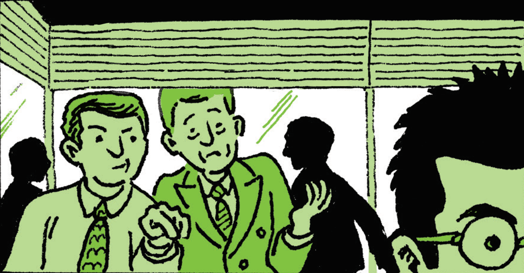 Two older colleagues gesture toward Jason in the office. One says: Hey, who's the college boy?