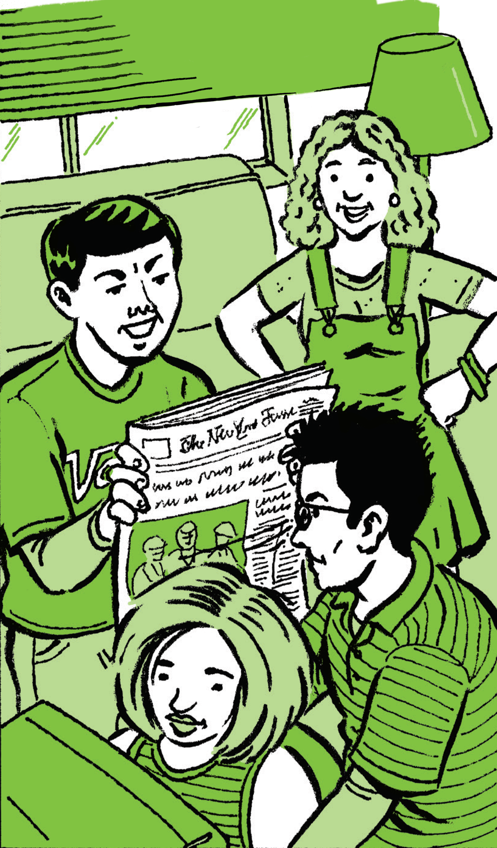 Jason is with a group of friends in his apartment. One holds up a newspaper and says: Sure J.F. But why would people use that when they can just buy a newspaper? Jason responds: Yeah, but that comes out once a day. This is news in real time.